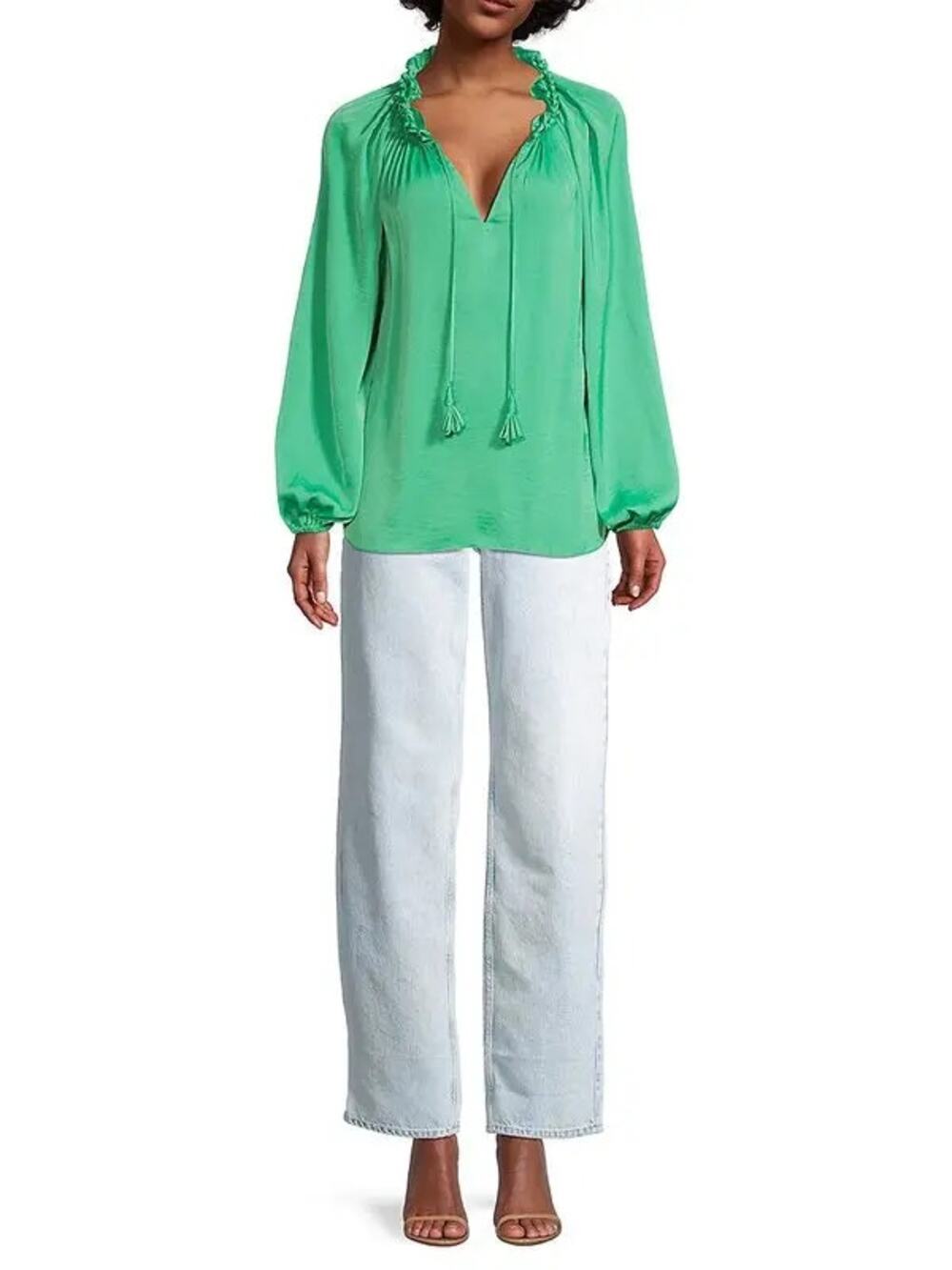 NWT Kobi Halperin Lennon Blouse Womens Medium 2YD Sea Green Long Sleeve Ruffle